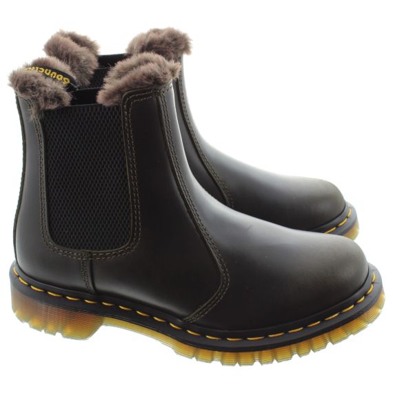 DR MARTENS Ladies Leonore Fur Ankle Boots In Dark Taupe 