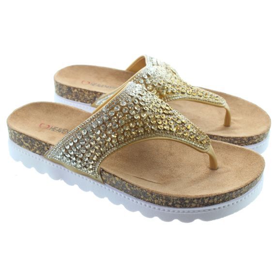 HEAVENLY FEET Ladies Hart Glitter Toepost Sandals In Gold 