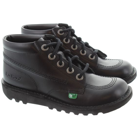 KICKERS Youths Leather Kick Hi School Boots in Black