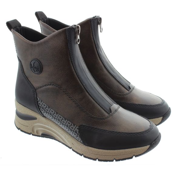 RIEKER Ladies N9381 Wedge Front Zip Ankle Boots In Bronze