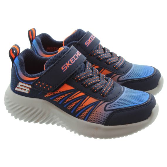SKECHERS Kids Machine Washable 403737L Bounder Velcro Trainers in Navy/ Orange 
