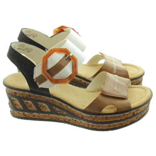 RIEKER Ladies 68176 Wedge Sandals In Tan Multi